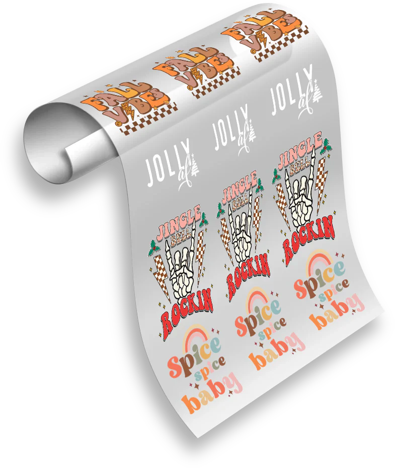 Roll of paper with 'Jolly' and 'Spice' text designs on a white background